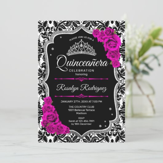 Quinceanera - Zwarte roze zilver Kaart (Staand voorkant)