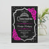 Quinceanera - Zwarte roze zilver Kaart (Staand voorkant)