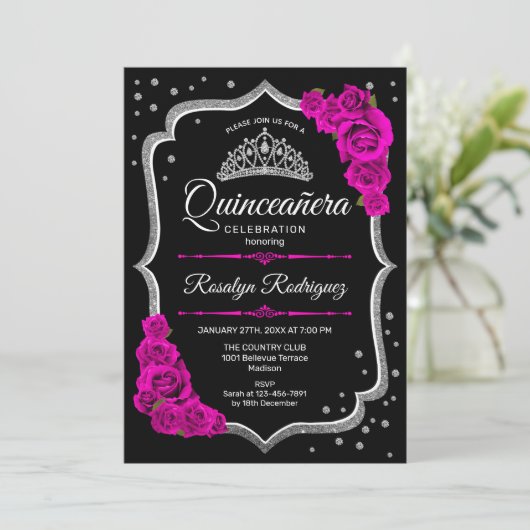 Quinceanera - Zwarte roze zilver Kaart (Staand voorkant)