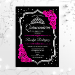 Quinceanera - Zwarte roze zilver Kaart<br><div class="desc">Zilver zwarte roze Quinceanera-viering uitnodiging. Functies scriptlettertype,  hot-roze rozen,  tiara en confetti. Classy fuchsia roze design met faux glitter Silver. Ideaal voor een elegante glam viering.</div>