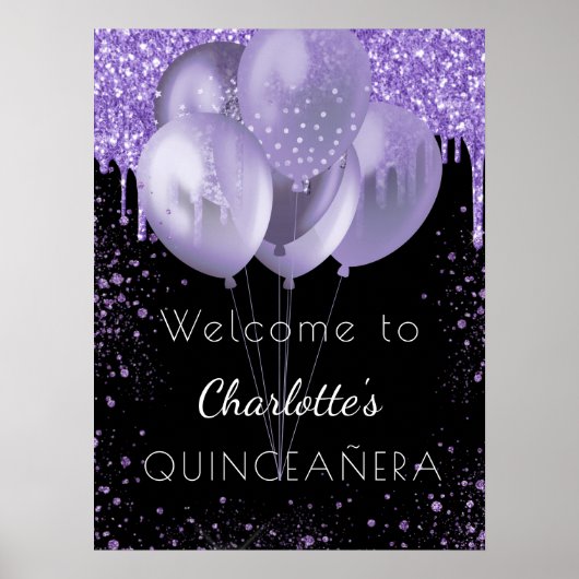 Quinceanera zwarte violet glitter welkomstballonne poster (Voorkant)