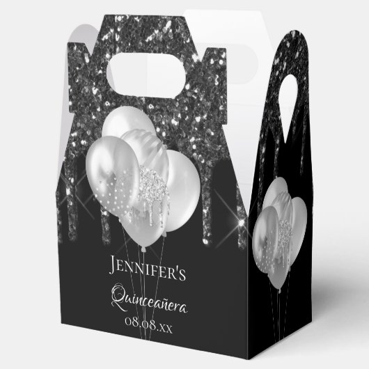 Quinceanera zwarte zilveren glitter druipt ballonn bedankdoosjes (Geopend)