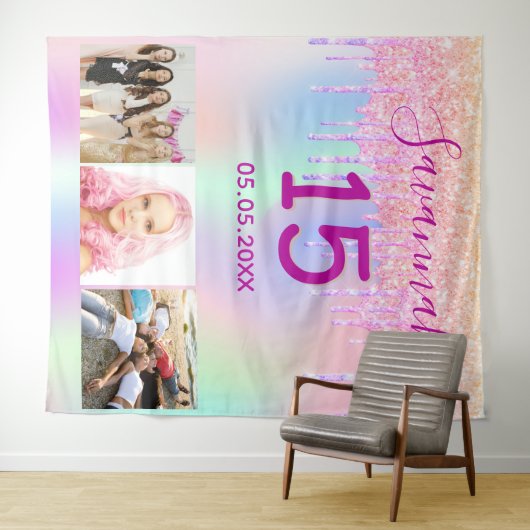 Quinceaneraproze glittersuiker druppel foto hologr wandkleed (In Situ (horizontaal))