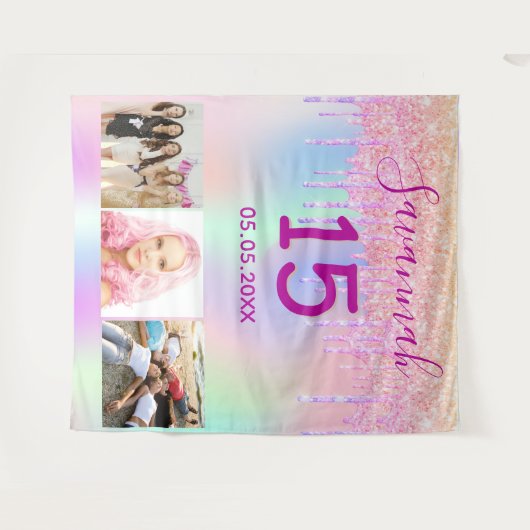 Quinceaneraproze glittersuiker druppel foto hologr wandkleed (Voorkant (horizontaal))