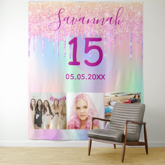 Quinceaneraproze glittersuiker druppel foto hologr wandkleed (In situ)