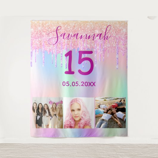 Quinceaneraproze glittersuiker druppel foto hologr wandkleed (Voorkant)