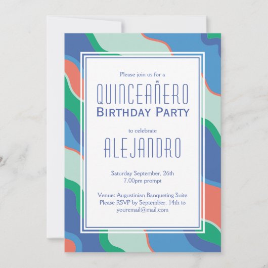 Quinceañero 15e verjaardag jongen uitnodiging (Voorkant)