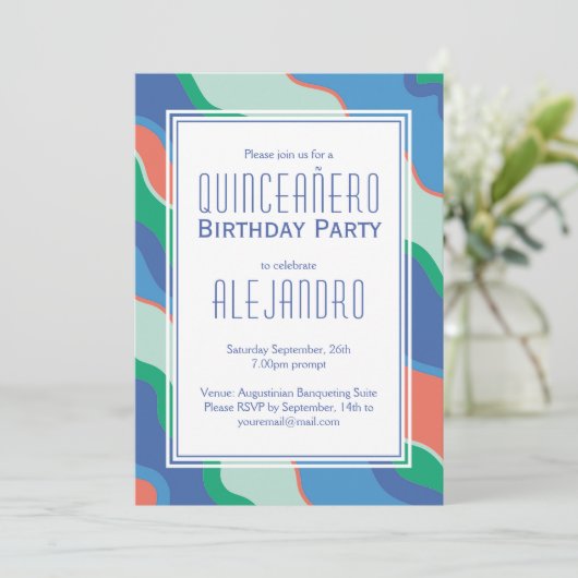 Quinceañero 15e verjaardag jongen uitnodiging (Staand voorkant)