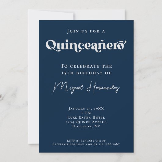 Quinceañero Elegant Navy Bold Typografie Verjaarda Kaart (Voorkant)