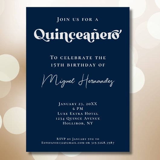 Quinceañero Elegant Navy Bold Typografie Verjaarda Kaart