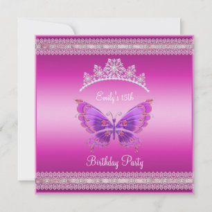 Quincenera 15e Roze Roze Zilveren Tiara Vlinder Kaart