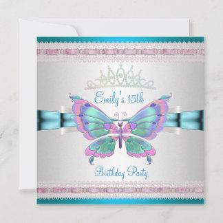 Quincenera 15e Wit Teal Blauw Roze Vlinder Kaart