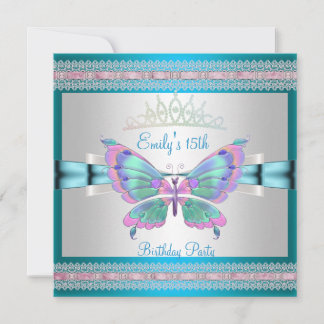 Quincenera 15e Wit Teal Blauw Roze Vlinder Kaart