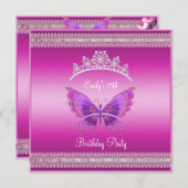Quincenera 15th Fushia Pink Silver Tiara Butterfly Kaart (Voorkant / Achterkant)