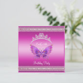 Quincenera 15th Fushia Pink Silver Tiara Butterfly Kaart (Staand voorkant)