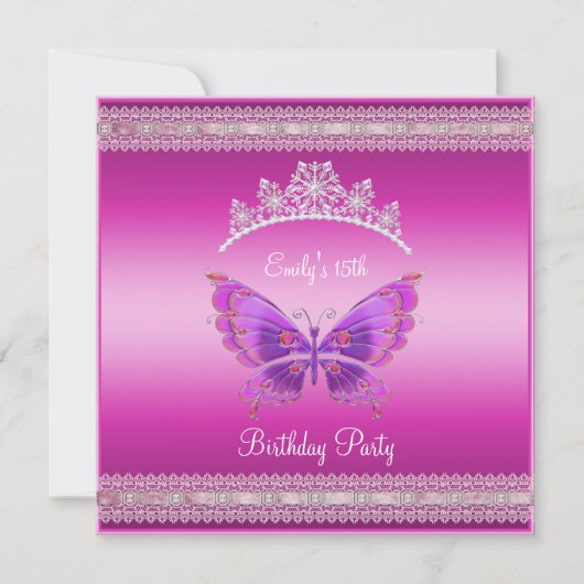 Quincenera 15th Fushia Pink Silver Tiara Butterfly Kaart (Voorkant)