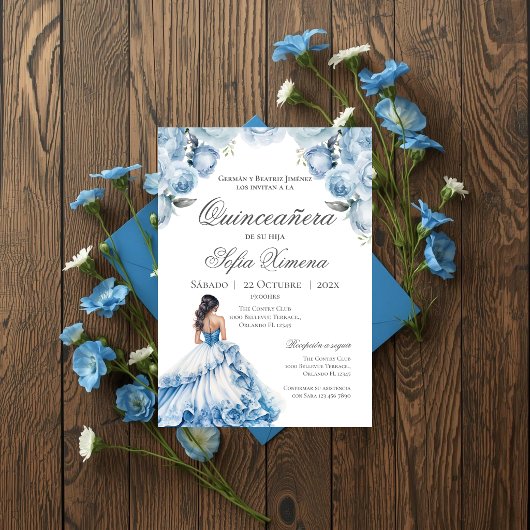 Quincenera uitnodiging in het Spaans Blauw