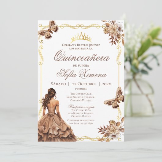 Quincenera Uitnodiging in het Spaans Boho (Staand voorkant)