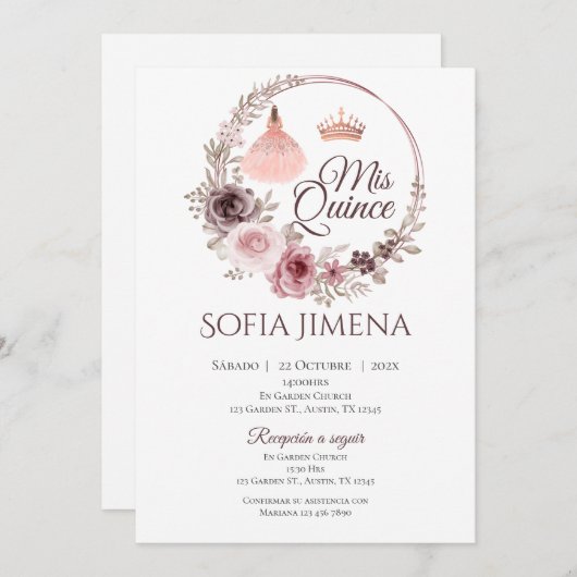 Quincenera Uitnodiging in het Spaans Boho (Voorkant / Achterkant)