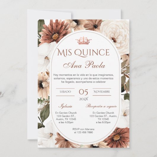Quincenera Uitnodiging in het Spaans BohoFloral (Voorkant)