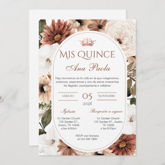 Quincenera Uitnodiging in het Spaans BohoFloral (Voorkant / Achterkant)