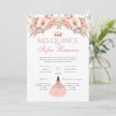 Quinceñera Uitnodiging in Spaans Roze Bloemen (Staand voorkant)