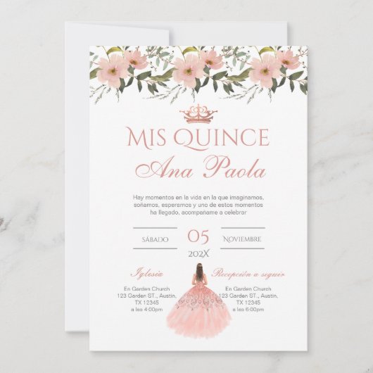 Quinceñera Uitnodiging in Spaans Roze Bloemen (Voorkant)
