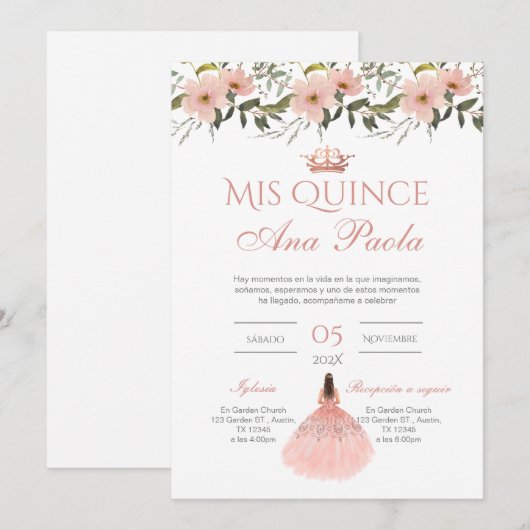 Quinceñera Uitnodiging in Spaans Roze Bloemen (Voorkant / Achterkant)