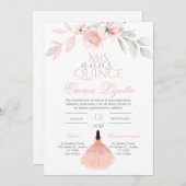 Quinceñera Uitnodiging in Spaans Roze Bloemen (Voorkant / Achterkant)