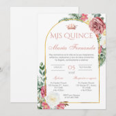 Quinceñera Uitnodiging in Spaans Roze Bloemen (Voorkant / Achterkant)