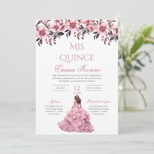 Quinceñera Uitnodiging in Spaans Roze Bloemen (Staand voorkant)