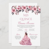 Quinceñera Uitnodiging in Spaans Roze Bloemen (Voorkant / Achterkant)