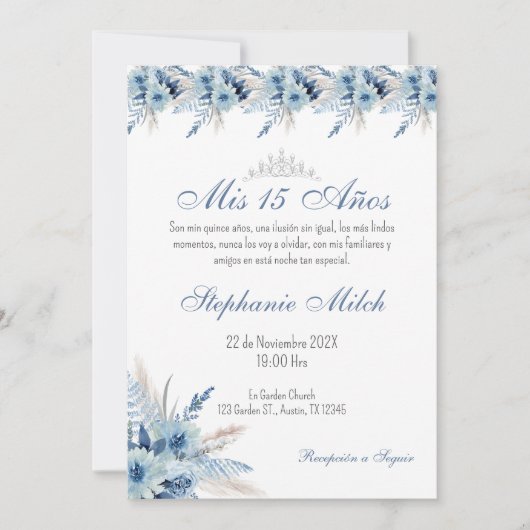 Quincenera Uitnodiging in Spaanse Blauwe Bloemen (Voorkant)