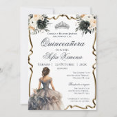 Quincenera uitnodiging met zwarte bloemen (Voorkant)