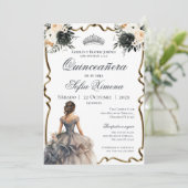 Quincenera uitnodiging met zwarte bloemen (Staand voorkant)