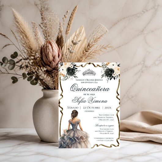 Quincenera uitnodiging met zwarte bloemen