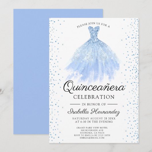Quineanera Blue Glitter Gown Party Invitation Kaart (Voorkant / Achterkant)