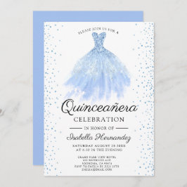 Quineanera Blue Glitter Gown Party Invitation Kaart