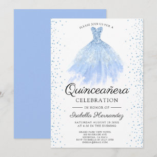 Quineanera Blue Glitter Gown Party Invitation Kaart