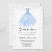 Quineanera Blue Glitter Gown Party Invitation Kaart (Voorkant)