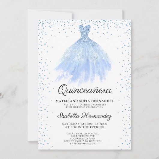Quineanera Blue Glitter Gown Party Invitation Kaart (Voorkant)
