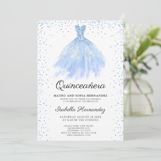 Quineanera Blue Glitter Gown Party Invitation Kaart (Staand voorkant)