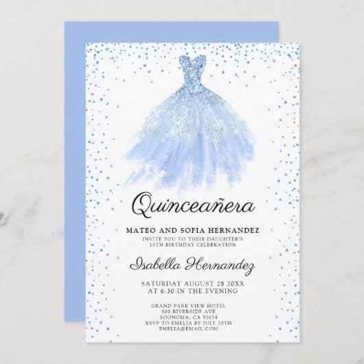 Quineanera Blue Glitter Gown Party Invitation Kaart (Voorkant / Achterkant)