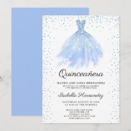 Quineanera Blue Glitter Gown Party Invitation Kaart