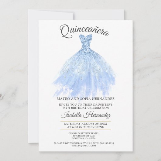 Quineanera Gold Glitter Blue Gown Party Kaart (Voorkant)
