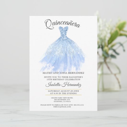 Quineanera Gold Glitter Blue Gown Party Kaart (Staand voorkant)