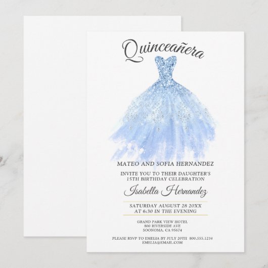 Quineanera Gold Glitter Blue Gown Party Kaart (Voorkant / Achterkant)