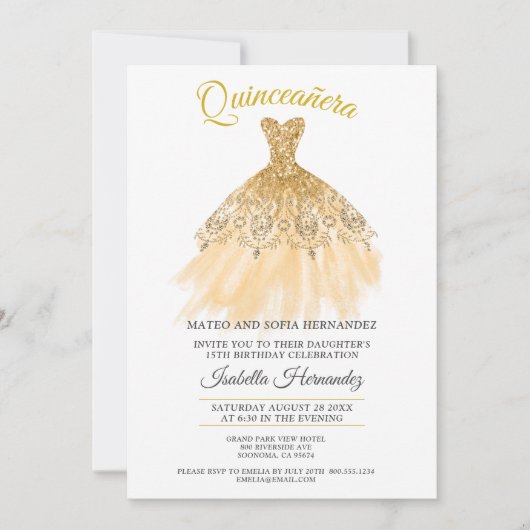 Quineanera Gold Glitter Lace Party Invitation Kaart (Voorkant)
