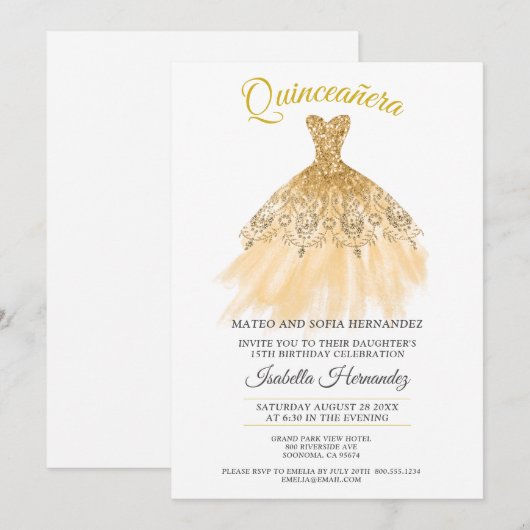 Quineanera Gold Glitter Lace Party Invitation Kaart (Voorkant / Achterkant)