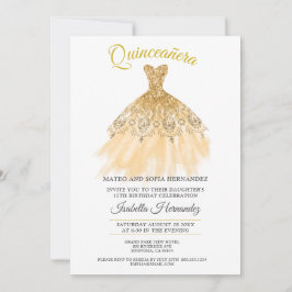 Quineanera Gold Glitter Lace Party Invitation Kaart